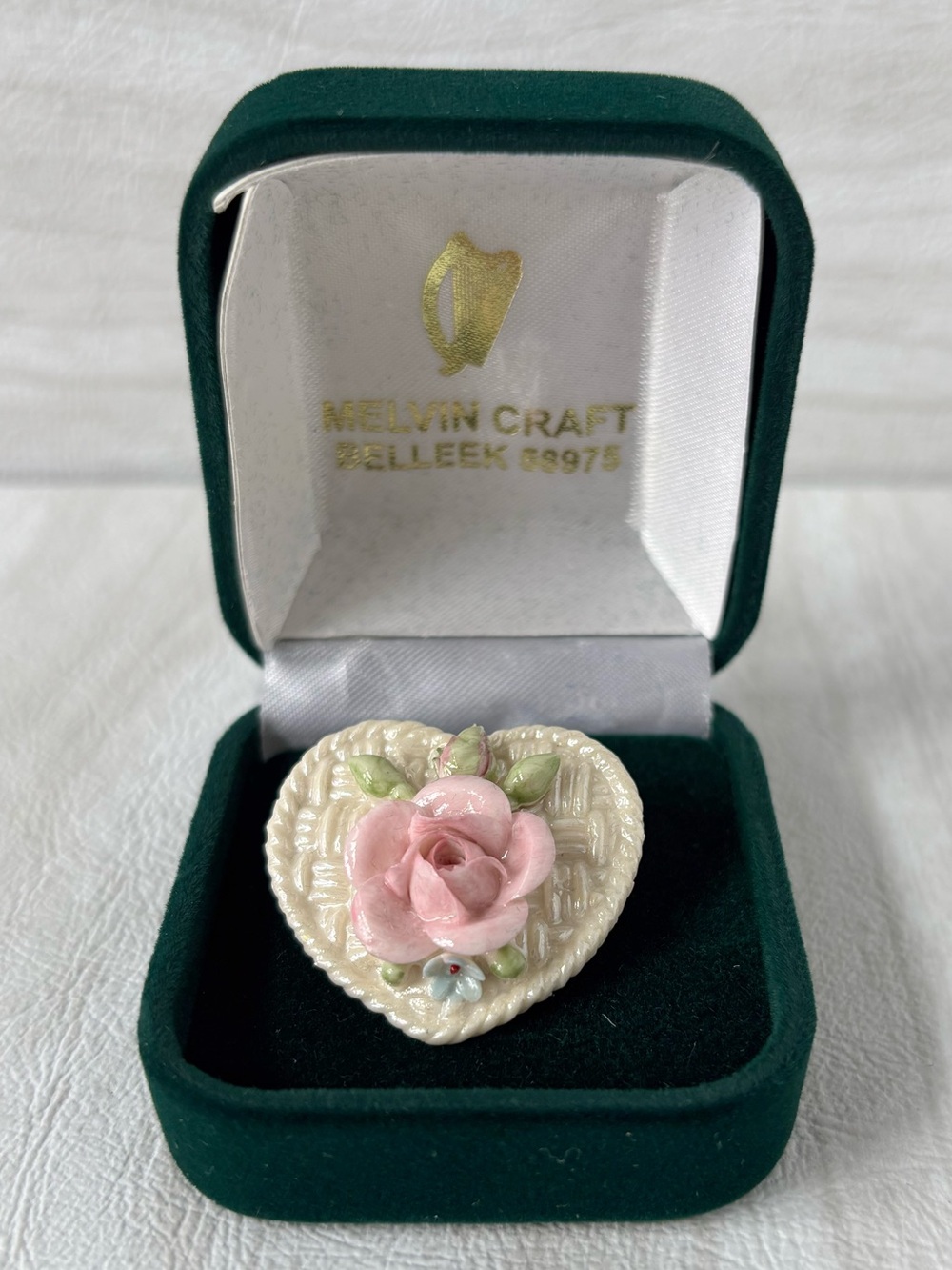 Vintage Belleek Ireland Porcelain Heart Pink Rose Brooch Pin